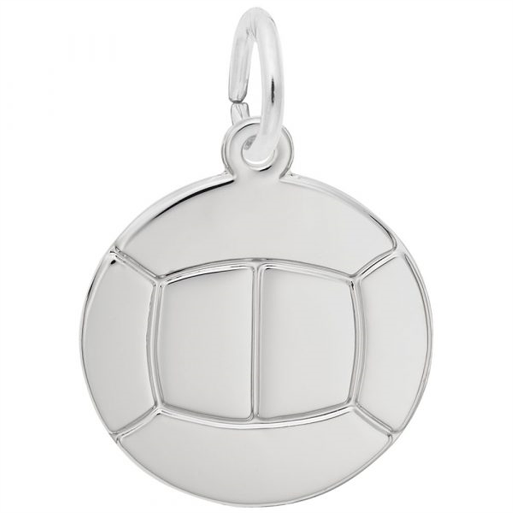 A shiny, sterling silver pendant shaped like a volleyball. The detailed design includes panels and lines resembling a real volleyball. This elegant product, the Volleyball Flat Charm / Sterling Silver by Rembrandt Charms, features a small loop at the top, perfect for attaching to a chain or bracelet.