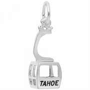 A sterling silver pendant by Rembrandt Charms, designed in the shape of a gondola or cable car, with "TAHOE" engraved on the front. This Lake Tahoe Gondola Charm features an attached loop at the top for a chain or bracelet.