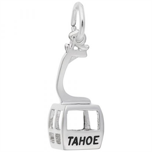 A sterling silver pendant by Rembrandt Charms, designed in the shape of a gondola or cable car, with "TAHOE" engraved on the front. This Lake Tahoe Gondola Charm features an attached loop at the top for a chain or bracelet.