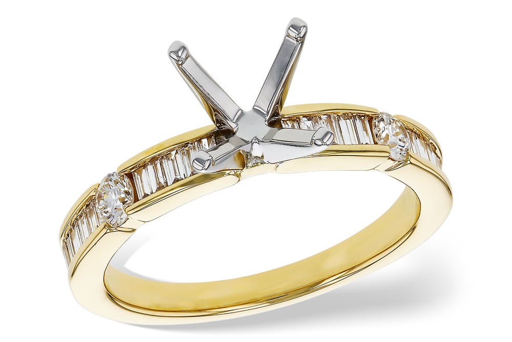 Allison Kaufman 14k yg bag and round engagement ring in yellow gold, featuring a row of channel-set baguette diamonds and two round accent diamonds on the band.