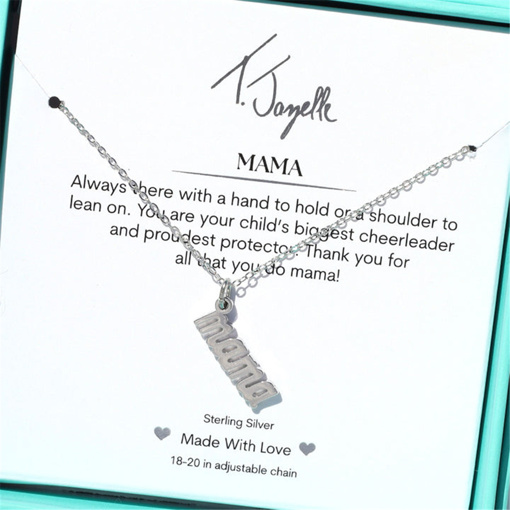 The Mama Sterling Silver Charm Necklace by T Jazelle features a “mama” pendant on a heartfelt card: "Always there with a hand to hold or shoulder to lean on. You are your child’s biggest cheerleader and bravest protector. Thank you, mama!.