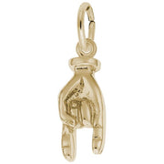 Gold-plated Good Luck Hand Charm by Rembrandt Charms, made of sterling silver and shaped like a hand forming the American Sign Language "I love you" sign, featuring an attached loop for a necklace or bracelet.