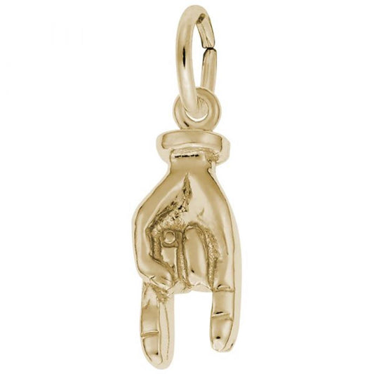 Gold-plated Good Luck Hand Charm by Rembrandt Charms, made of sterling silver and shaped like a hand forming the American Sign Language "I love you" sign, featuring an attached loop for a necklace or bracelet.