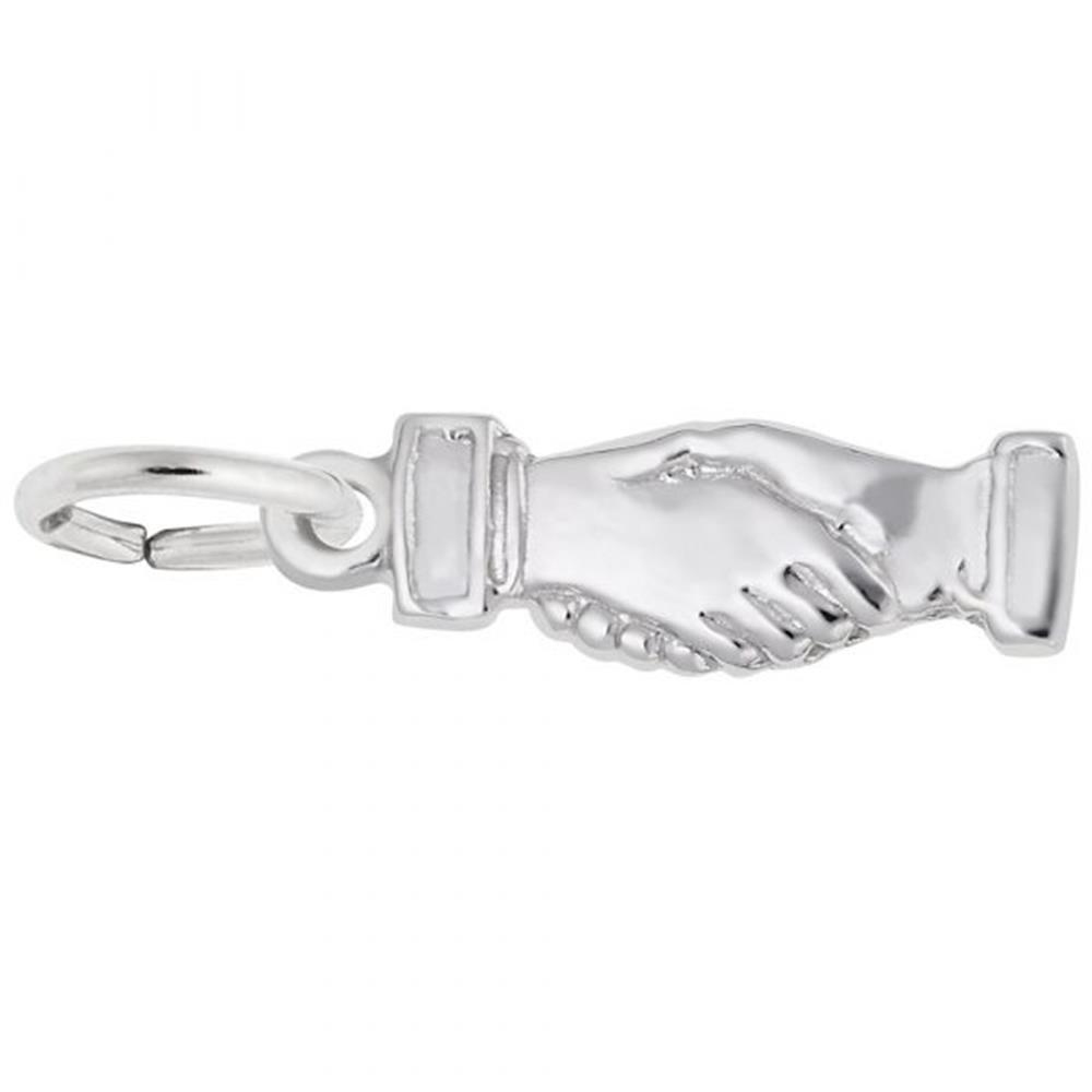 The Clasped Hands in Handshake charm by Rembrandt Charms is crafted in sterling silver, featuring detailed cuffs and a handshake design, and comes with a small circular loop for hanging.