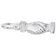 The Clasped Hands in Handshake charm by Rembrandt Charms is crafted in sterling silver, featuring detailed cuffs and a handshake design, and comes with a small circular loop for hanging.