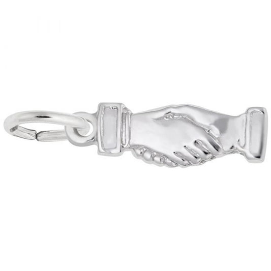 The Clasped Hands in Handshake charm by Rembrandt Charms is crafted in sterling silver, featuring detailed cuffs and a handshake design, and comes with a small circular loop for hanging.