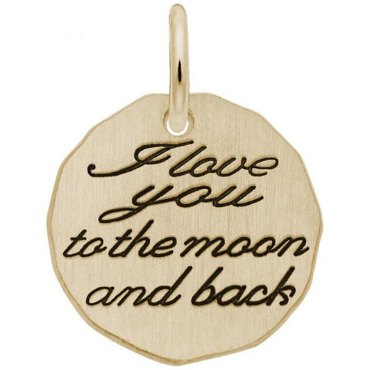 The Rembrandt Charms I Love You To The Moon Charm, crafted from gold-plated sterling silver, boasts a round, slightly irregular shape. It features the heartfelt engraving "I love you to the moon and back" in elegant cursive font. This enchanting charm includes a small loop at the top for easy attachment to a chain.