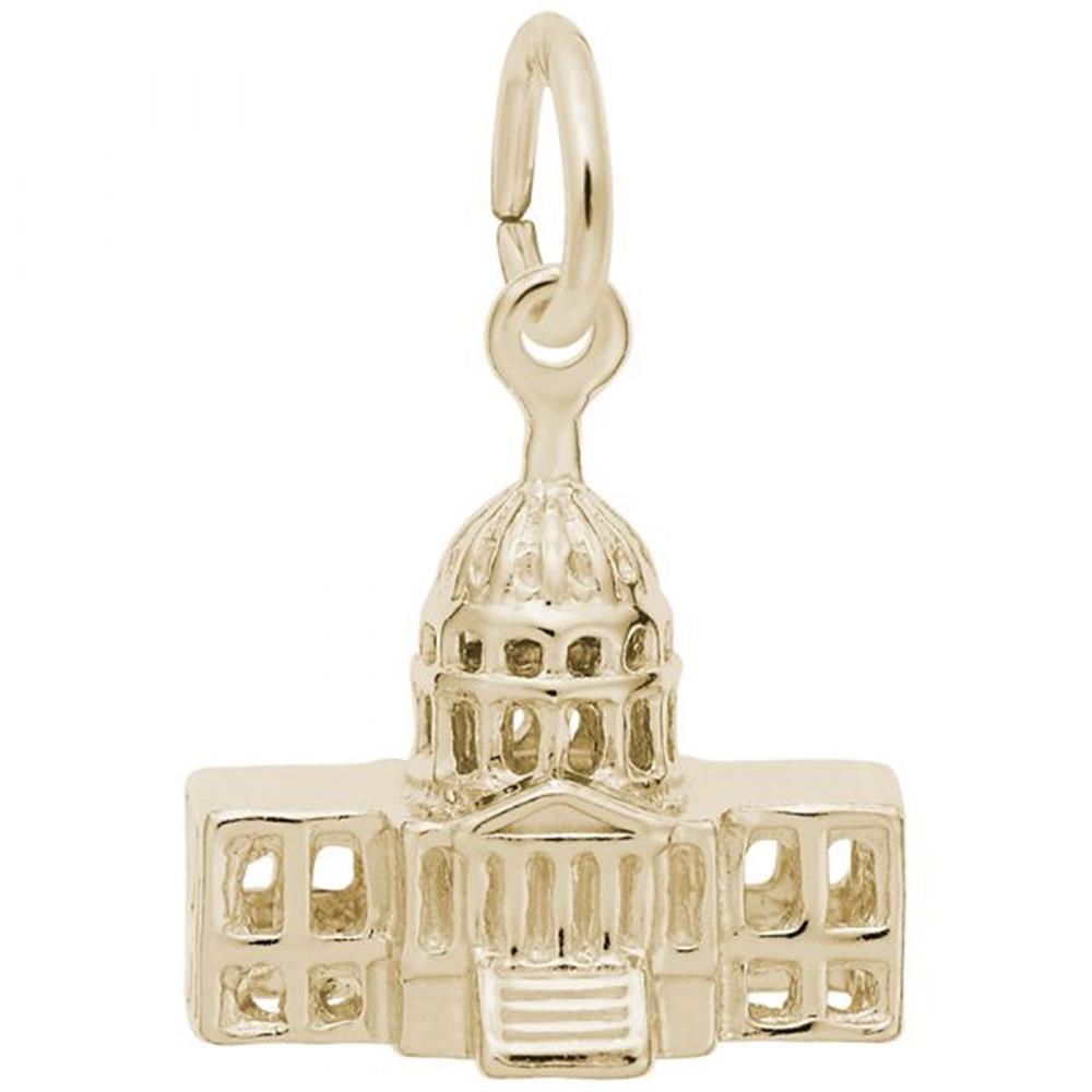 The USA Capitol Building Charm by Rembrandt Charms is a gold-plated sterling silver charm in the shape of a domed building, resembling the iconic USA Capitol Building. It features detailed windows and columns, and includes a small loop at the top for easy attachment to a chain or bracelet.