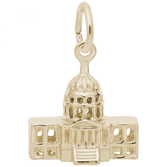 The USA Capitol Building Charm by Rembrandt Charms is a gold-plated sterling silver charm in the shape of a domed building, resembling the iconic USA Capitol Building. It features detailed windows and columns, and includes a small loop at the top for easy attachment to a chain or bracelet.
