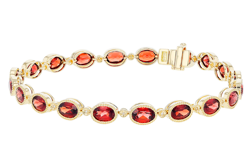 Introducing the exquisite Garnet and Diamond 14k Yellow Gold Bracelet by Allison Kaufman. This stunning bracelet showcases oval-shaped red garnet gemstones intricately linked together, enhanced by diamond accents for added elegance. A secure clasp completes this beautiful piece, combining style with functionality.