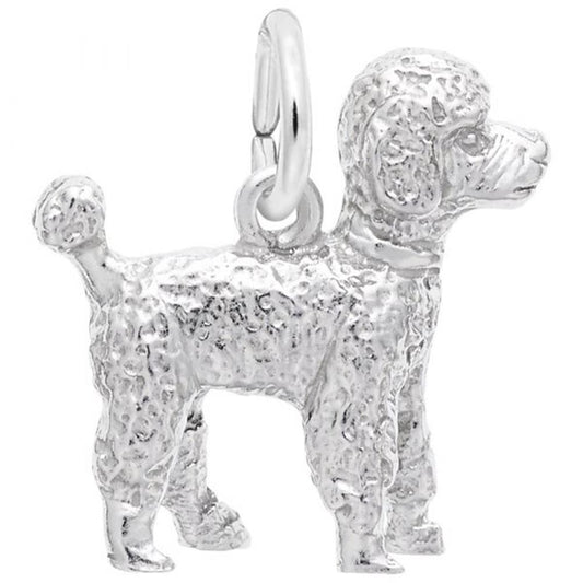 A detailed Poodle Dog Charm / Sterling Silver, featuring textured fur, a curly tail, and a small clasp on top for attaching to a bracelet or necklace. This Rembrandt Charms piece captures the distinctive grooming style of a poodle with a realistic and polished finish.