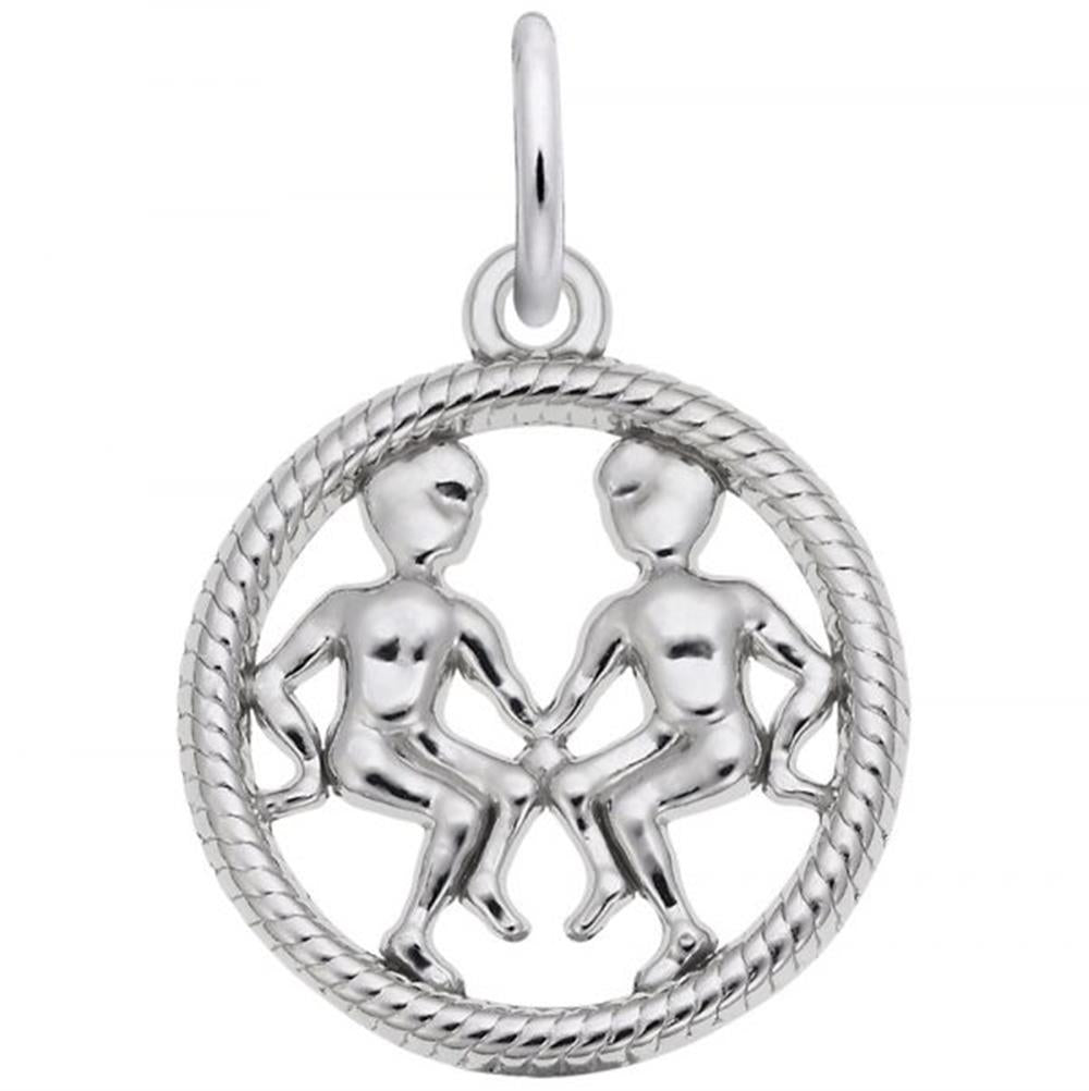 The Rembrandt Charms Gemini Charm in sterling silver showcases two abstract human figures seated and holding hands within a round, textured frame. This polished and intricately detailed pendant beautifully evokes the essence of the Gemini Zodiac sign.