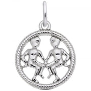 The Rembrandt Charms Gemini Charm in sterling silver showcases two abstract human figures seated and holding hands within a round, textured frame. This polished and intricately detailed pendant beautifully evokes the essence of the Gemini Zodiac sign.