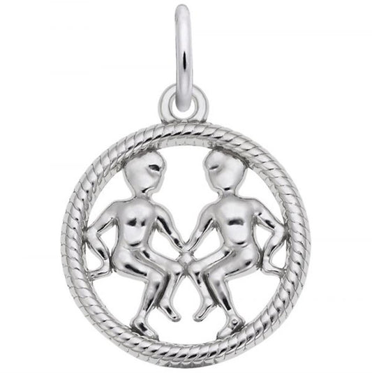 The Rembrandt Charms Gemini Charm in sterling silver showcases two abstract human figures seated and holding hands within a round, textured frame. This polished and intricately detailed pendant beautifully evokes the essence of the Gemini Zodiac sign.