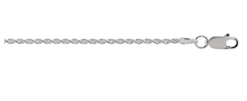 The Sterling Silver 1.4mm Rope Chain with Lobster Clasp by Royal Chain Group-Royal Chain is an intricately designed bracelet featuring a detailed twisted rope chain that measures 24 inches. The large lobster clasp ensures secure fastening, while the straight chain showcases its textured pattern and brilliant metallic sheen.