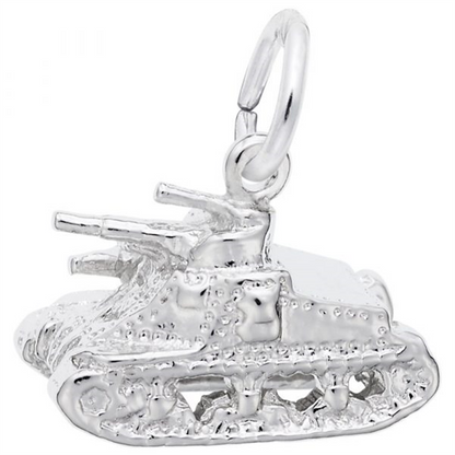 The Rembrandt Charms Tank Charm - Sterling Silver is a finely crafted silver charm shaped like a military tank, featuring detailed treads, turrets, and a small loop at the top for easy attachment to a bracelet or necklace. This distinctive piece of military jewelry is an excellent veteran gift or a meaningful addition to any collection.