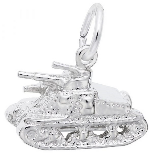 The Rembrandt Charms "Tank" is a sterling silver charm intricately crafted into a detailed tank with caterpillar tracks and a turret, featuring a convenient loop for easy attachment to any bracelet or necklace.