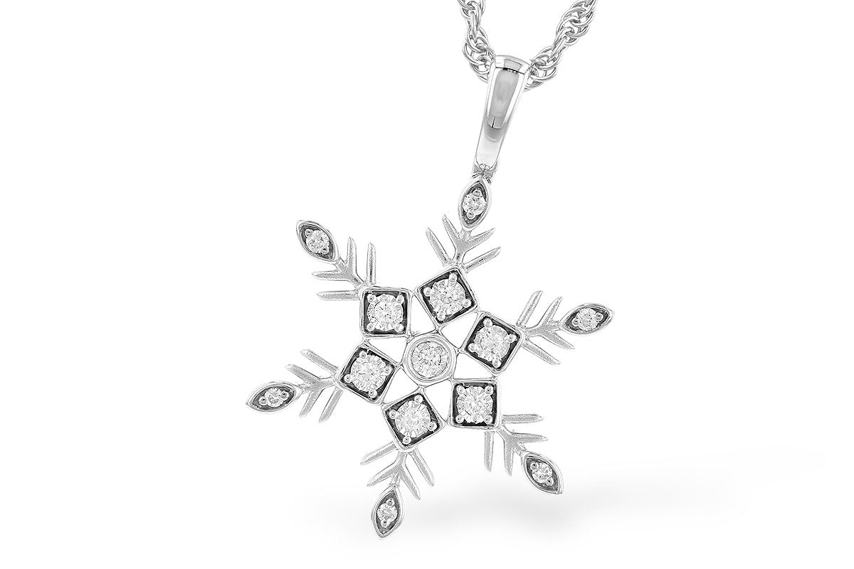 The Allison Kaufman 14K White Gold Diamond Snowflake Necklace features geometric sections with sparkling diamonds and intricate edge detailing.
