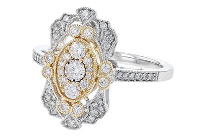 The Allison Kaufman 14K White and Yellow Gold Two Tone Diamond Ring features an ornate oval design with a central round diamond, smaller accent diamonds, and gold accents on a silver-toned band.