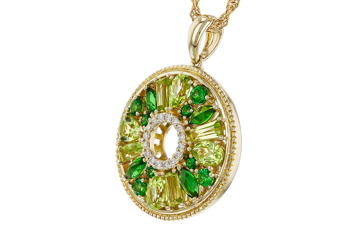 The Peridot and Green Garnet Gold Necklace by Allison Kaufman features a 14K yellow gold oval medallion with peridot, green garnet, yellow gemstones in a floral design, and a circle of white diamonds at the center.