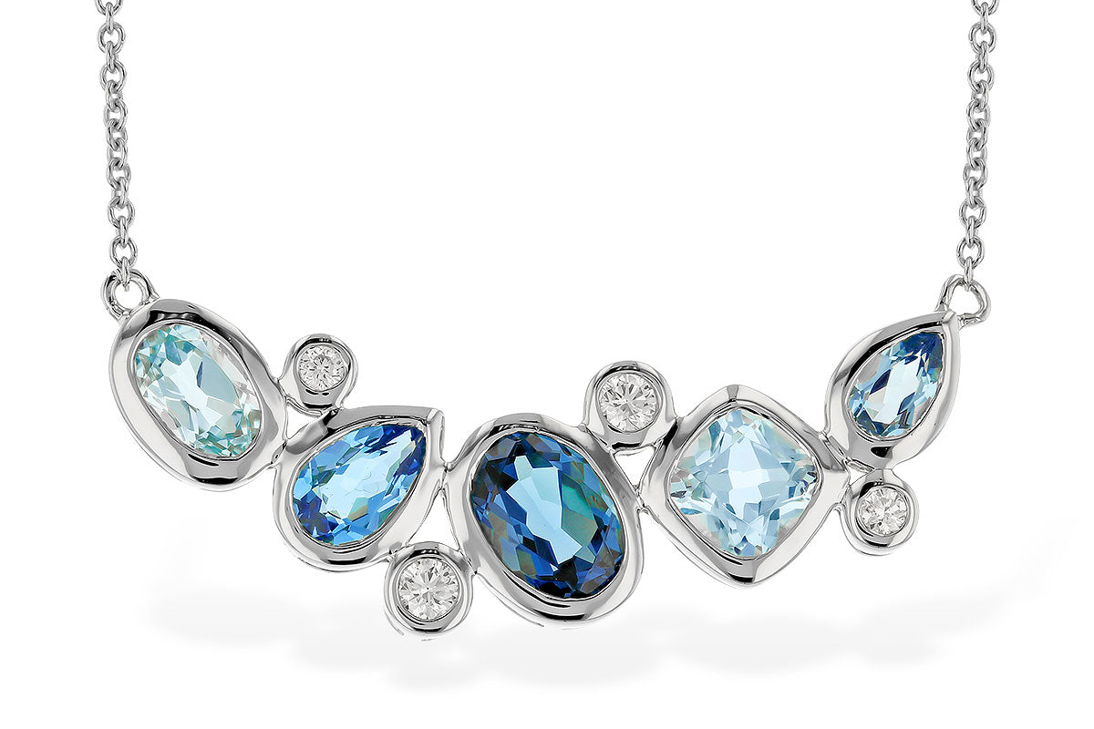 The Allison Kaufman 14K White Gold Blue Topaz and Diamond Necklace features five uniquely shaped blue topaz gems and four diamonds in an asymmetrical design on a fine chain—a dazzling December birthstone piece.