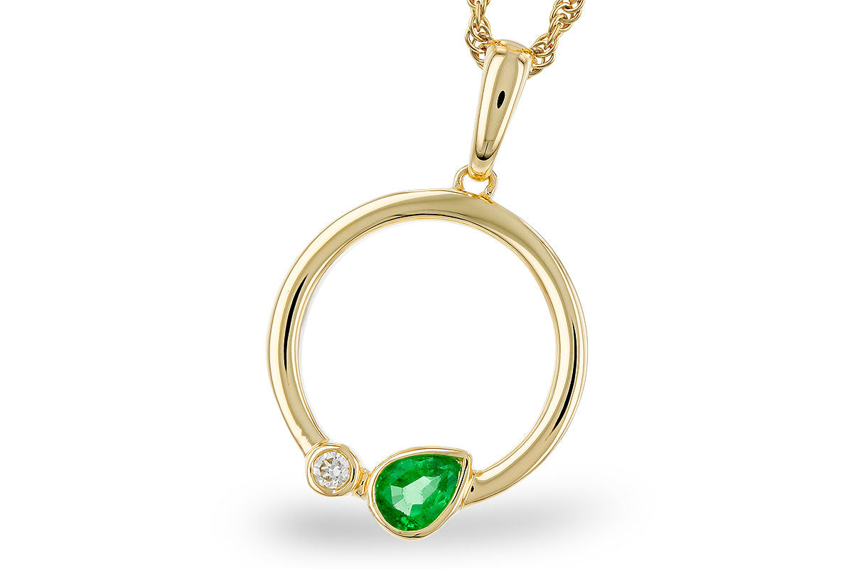 The Allison Kaufman 14K Yellow Gold Emerald & Diamond Necklace features an open circle design with a round white diamond and teardrop emerald, making it a perfect May birthstone accessory.