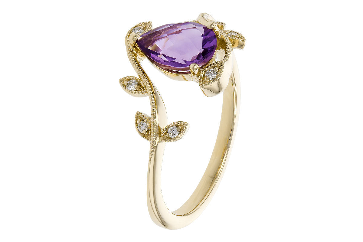 The Allison Kaufman 14 Y Ladies Ring Amethyst features a pear-shaped amethyst center, accented with small diamonds on leaf-inspired details along a vine-like 14k gold band.