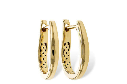 Allison Kaufman Yellow gold 15mm hoops feature a polished finish and an intricate inner cutout pattern, shown against a white background.