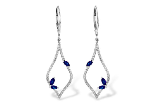 Introducing the Sapphire and Diamonds 14K Gold Dangle Earrings by Allison Kaufman: These elegant earrings feature a marquise-shaped blue sapphire design, embellished with an array of diamonds that highlight their elongated form. Crafted from lustrous 14K white gold, they exhibit a sleek and modern aesthetic with a secure clasp to ensure they stay perfectly in place.