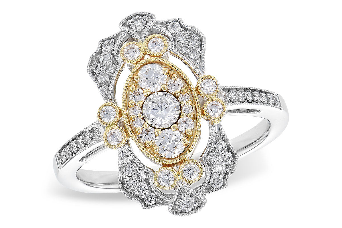 The Allison Kaufman 14K White and Yellow Gold Two Tone Diamond Ring showcases a vintage-inspired design with a central cluster of natural diamonds in an oval gold frame and intricate detailing on a split band.