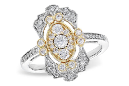 The Allison Kaufman 14K White and Yellow Gold Two Tone Diamond Ring showcases a vintage-inspired design with a central cluster of natural diamonds in an oval gold frame and intricate detailing on a split band.