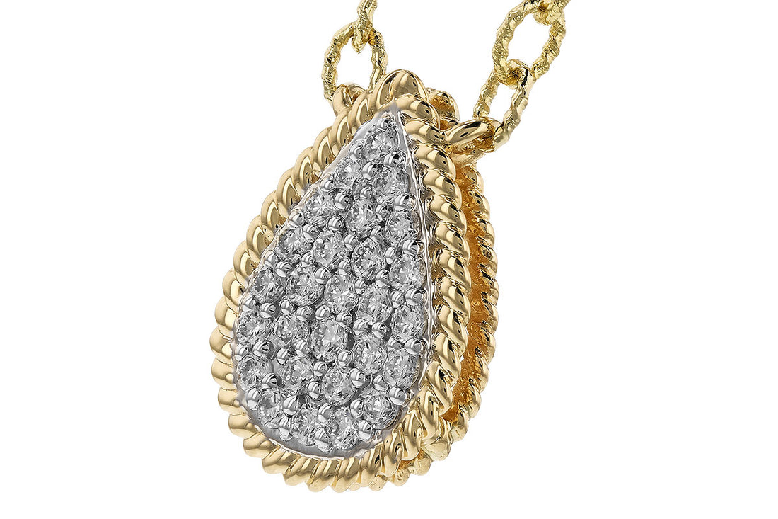 The Allison Kaufman Diamond 14k Yellow Gold Necklace features a twisted gold teardrop border and a diamond-encrusted center, hanging elegantly from a matching twisted chain.
