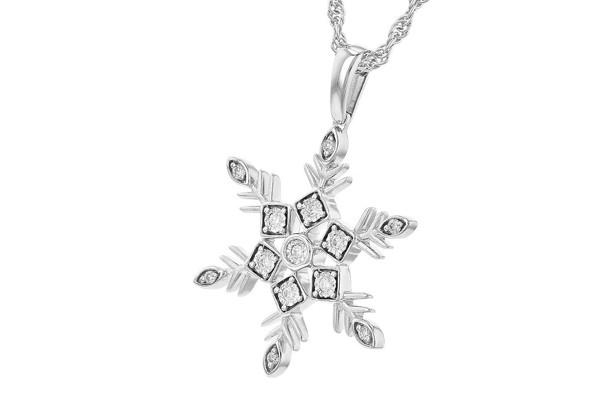 The Allison Kaufman 14K White Gold Diamond Snowflake Necklace features a snowflake pendant with sparkling diamonds and hangs from a white gold chain, offering intricate detail and elegance.