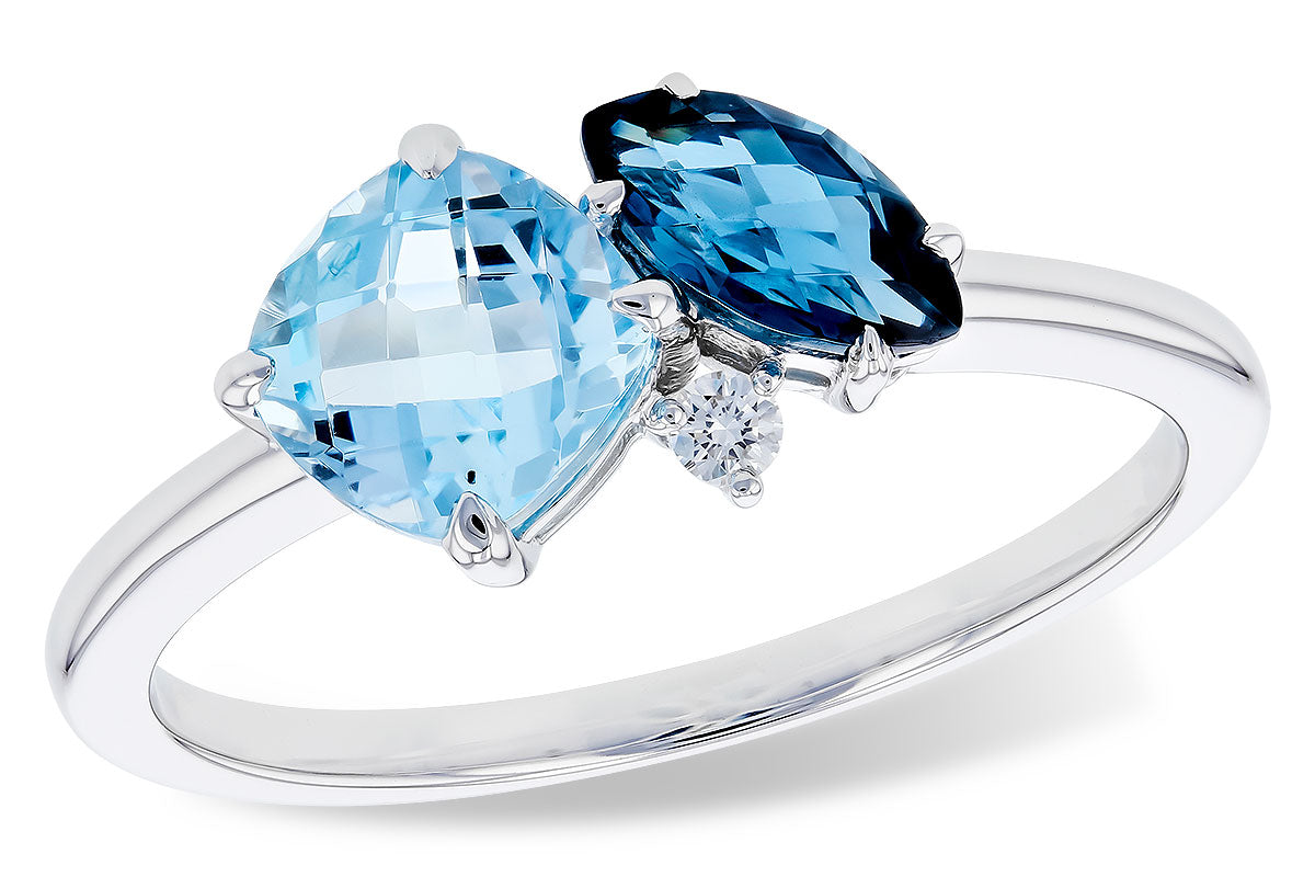 The Allison Kaufman Blue Topaz and Diamond 14k White Gold Ring features cushion-cut light blue topaz and marquise-cut dark blue topaz set side by side, accented with a sparkling round diamond.