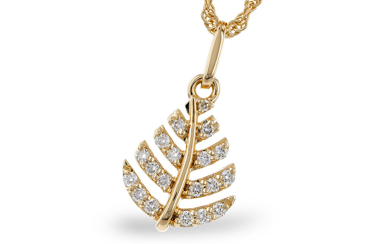 The Allison Kaufman 14K Yellow Gold Diamond Nature Pendant Necklace features a leaf-shaped design adorned with sparkling diamonds, showcased against a white background.