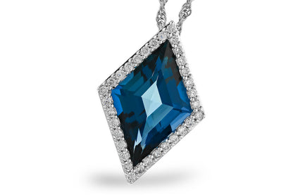 The Allison Kaufman 14K White Gold London Blue Topaz and Diamond Necklace features a striking blue rhombus-shaped gemstone accented by sparkling diamonds on a delicate chain for an elegant, luxurious look.