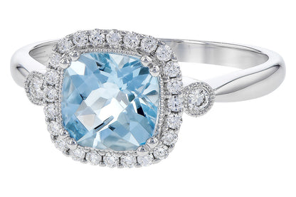 The Allison Kaufman 1.23ct Aquamarine ring features a 7mm cushion-cut aqua gemstone at the center, surrounded by a halo of white diamonds and more diamonds along each side of its elegant silver band.