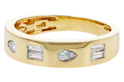 The Allison Kaufman 14K Yellow Gold Diamond Ring features round, baguette, and pear-shaped diamonds set in yellow gold, shown on a white background.