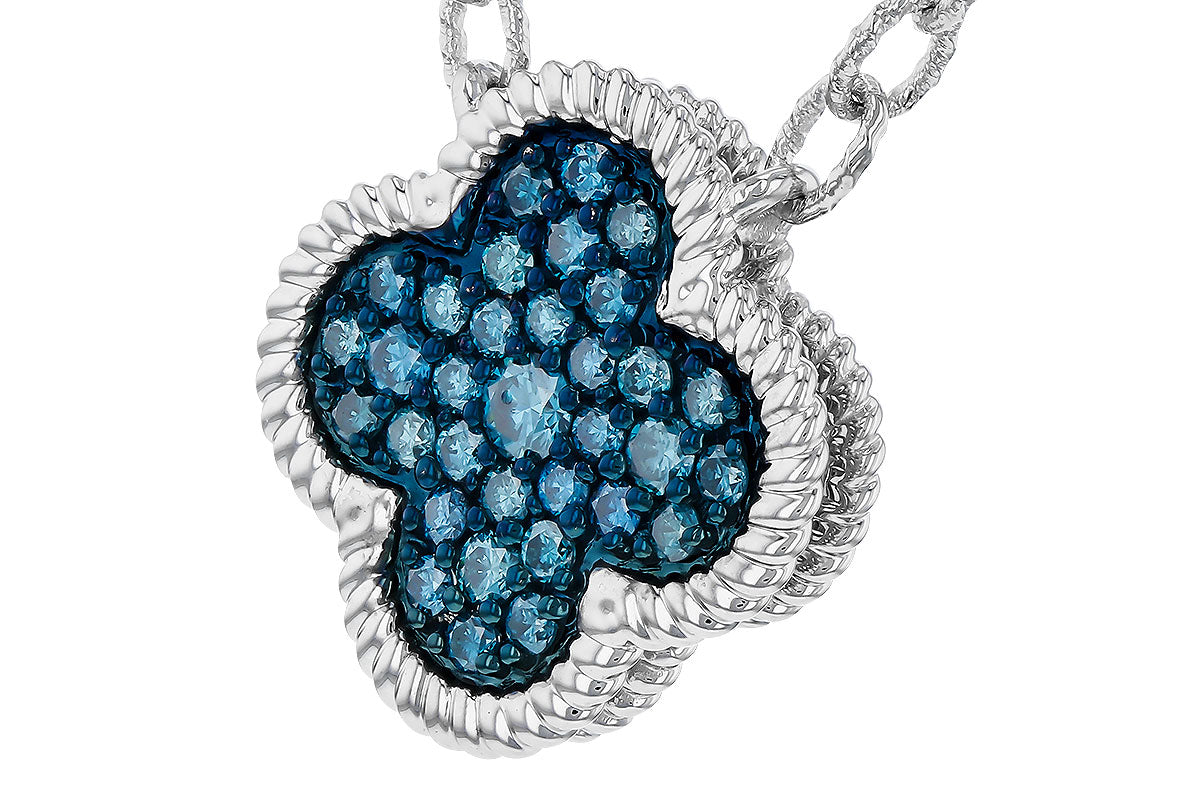 A 14k white gold blue diamond necklace by Allison Kaufman, featuring a four-leaf clover pendant with closely set round blue diamonds and a textured, rope-like border.