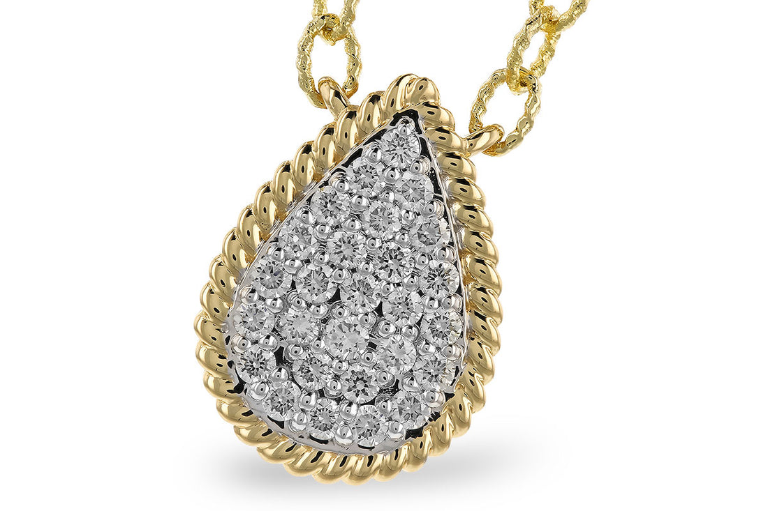 The Allison Kaufman Diamond 14k Yellow Gold Necklace showcases a teardrop pendant with a twisted border and diamond cluster, hanging from a textured gold chain.