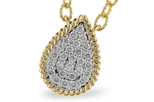 The Allison Kaufman Diamond 14k Yellow Gold Necklace showcases a teardrop pendant with a twisted border and diamond cluster, hanging from a textured gold chain.