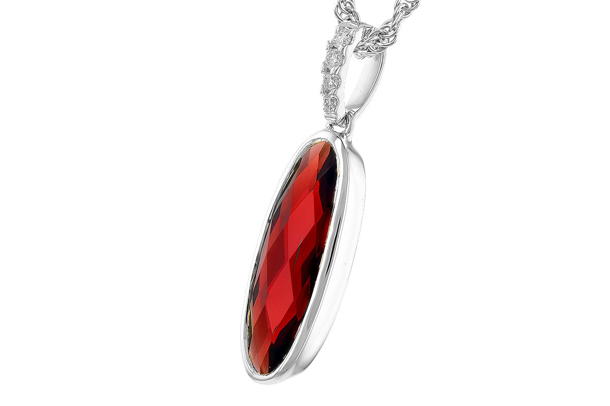 The Allison Kaufman 14K White Gold Garnet and Diamond Necklace showcases an elongated oval garnet pendant with diamond-accented bail—an elegant January birthstone piece.