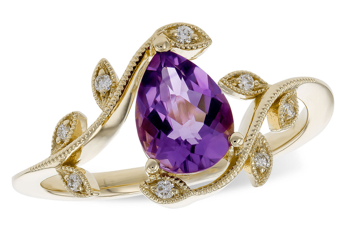 The 14 Y LADIES RING AMYTHIST by Allison Kaufman showcases a large pear-shaped amethyst center, set in 14k gold with leaf motifs and sparkling round diamond accents.