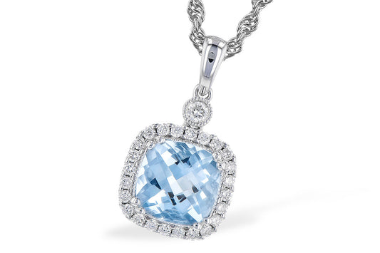 The Allison Kaufman 14K White Gold Aquamarine and Diamond Necklace features a cushion-cut light blue aquamarine pendant with a diamond halo and a single diamond accent above.