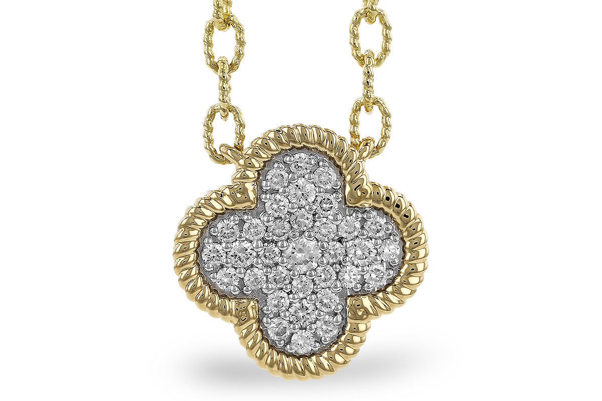 The 14K Yellow Gold Diamond Lucky Clover Necklace by Allison Kaufman features a quatrefoil pendant with a rope-textured border and diamond-encrusted center for a sparkling, stylish look.