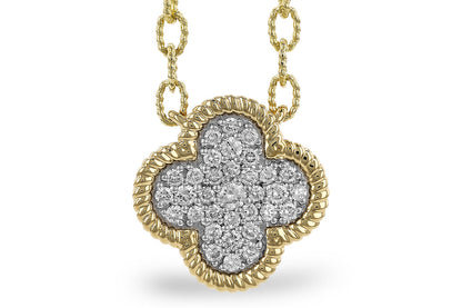 The 14K Yellow Gold Diamond Lucky Clover Necklace by Allison Kaufman features a quatrefoil pendant with a rope-textured border and diamond-encrusted center for a sparkling, stylish look.