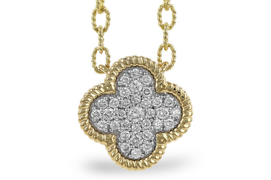 The 14K Yellow Gold Diamond Lucky Clover Necklace by Allison Kaufman features a quatrefoil pendant with a rope-textured border and diamond-encrusted center for a sparkling, stylish look.