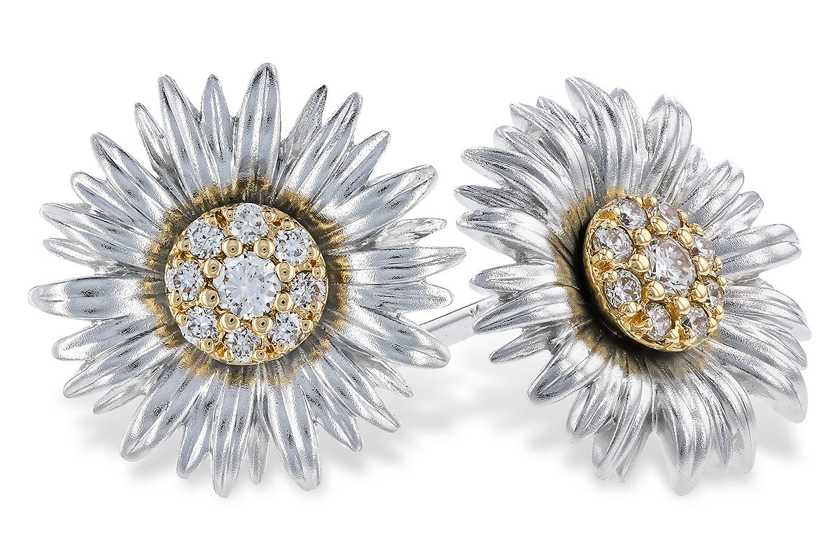 The Allison Kaufman Two-Tone Gold Sunflower Diamond Earrings feature gold centers and silver petals, each sparkling with diamonds.