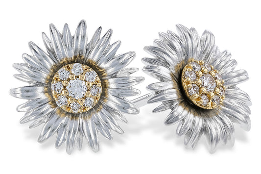 The Allison Kaufman Two-Tone Gold Sunflower Diamond Earrings feature gold centers and silver petals, each sparkling with diamonds.