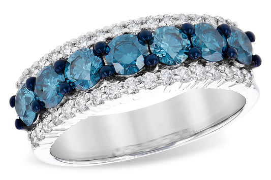 Celebrate your love with the Allison Kaufman Blue Diamond and Diamond 14k white gold ring—a beautiful ladies' wedding band featuring sparkling blue and white diamonds.